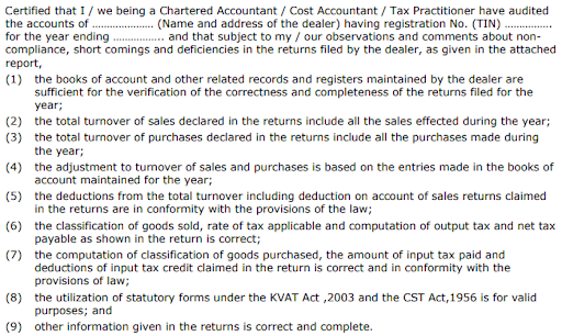 Certificate from Chartered Accountant for KVAT 240